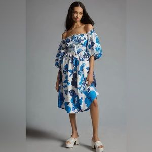 ✨ Anthropologie Off-The-Shoulder Puff-Sleeve Smocked Dress Sz XS